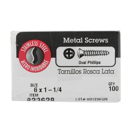 Hillman Sheet Metal Screw, #6 x 1-1/4 in, Stainless Steel Oval Head Phillips Drive 58976